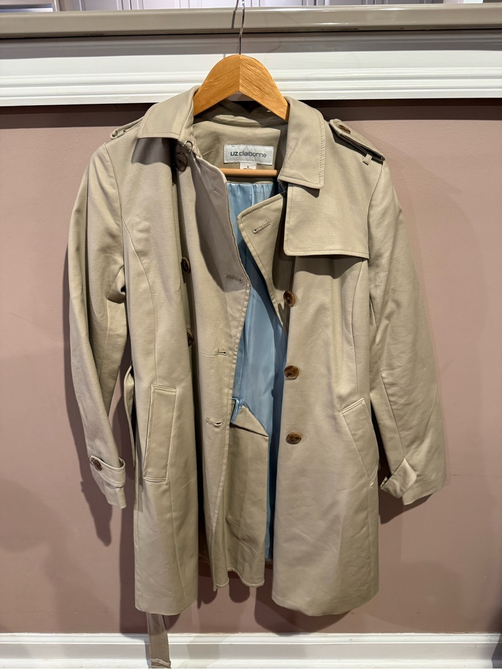 Liz Claiborne Beige Trench Coat with Light Blue Lining
